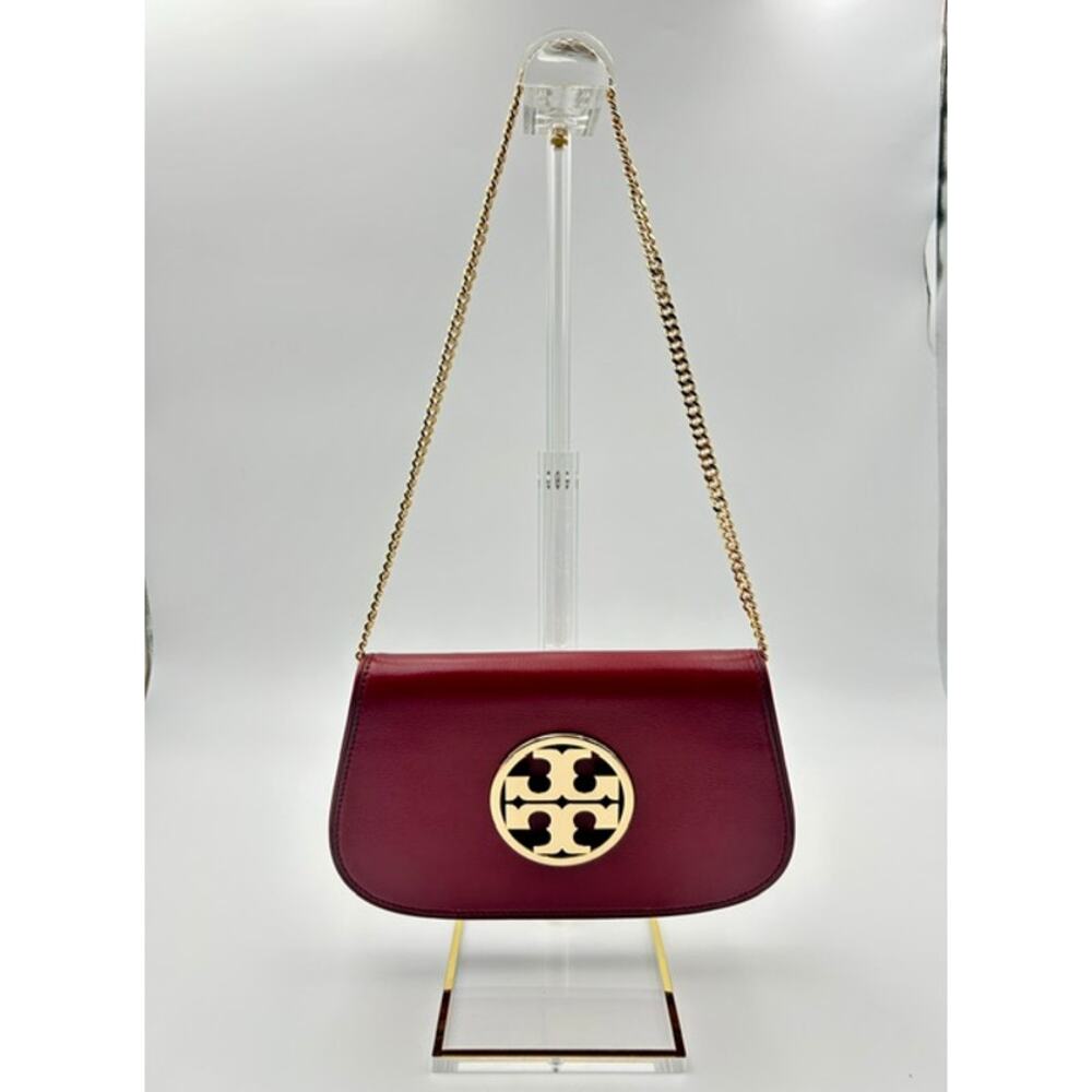 Tory Burch Reva Red Leather Logo Clutch Gold Chain Y2K Shoulder Bag Purse EUC